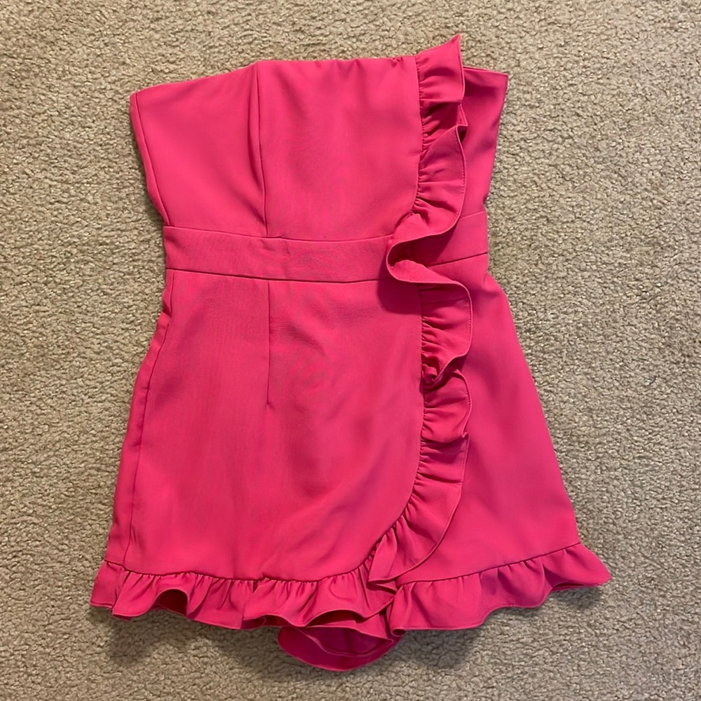 Lavish Pink Ruffle Strapless Romper